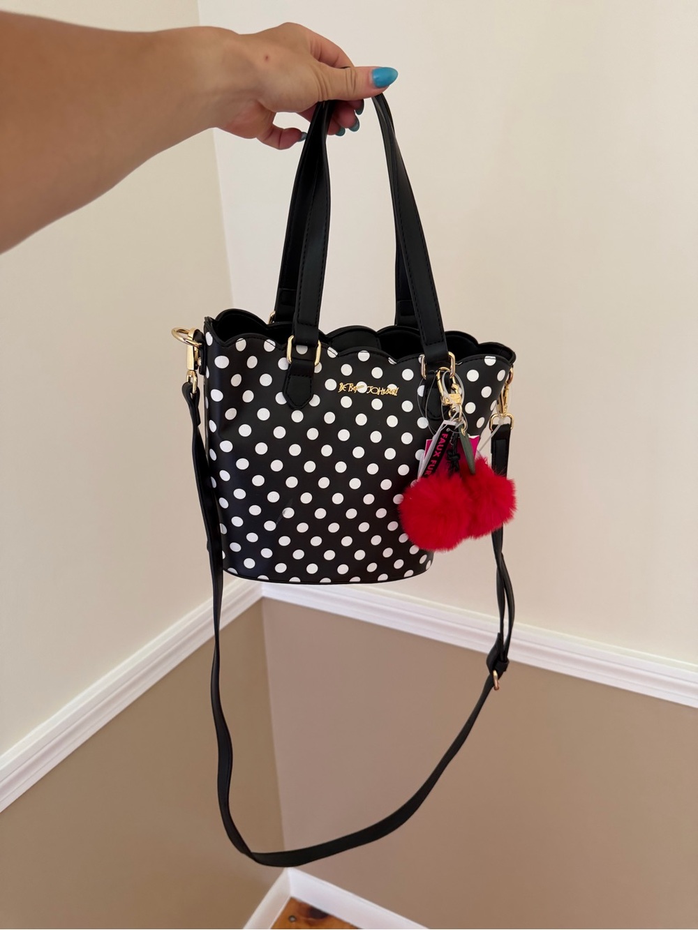 Polka Dot Black Crossbody Tote with Red Pom Charm Betsy Johnson - Picture 2 of 7